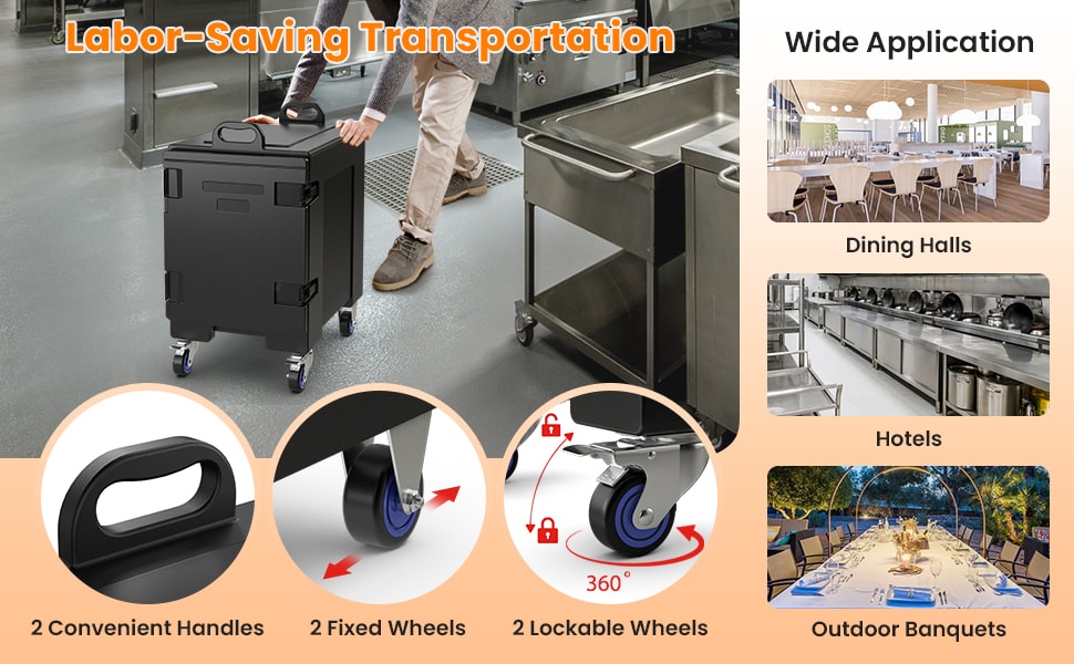 81 Quart End-Loading Insulated Food Pan Carrier for 5 Full-Size Pans, Stackable Food Warmer Hot Box for Catering with Fastener & Wheels