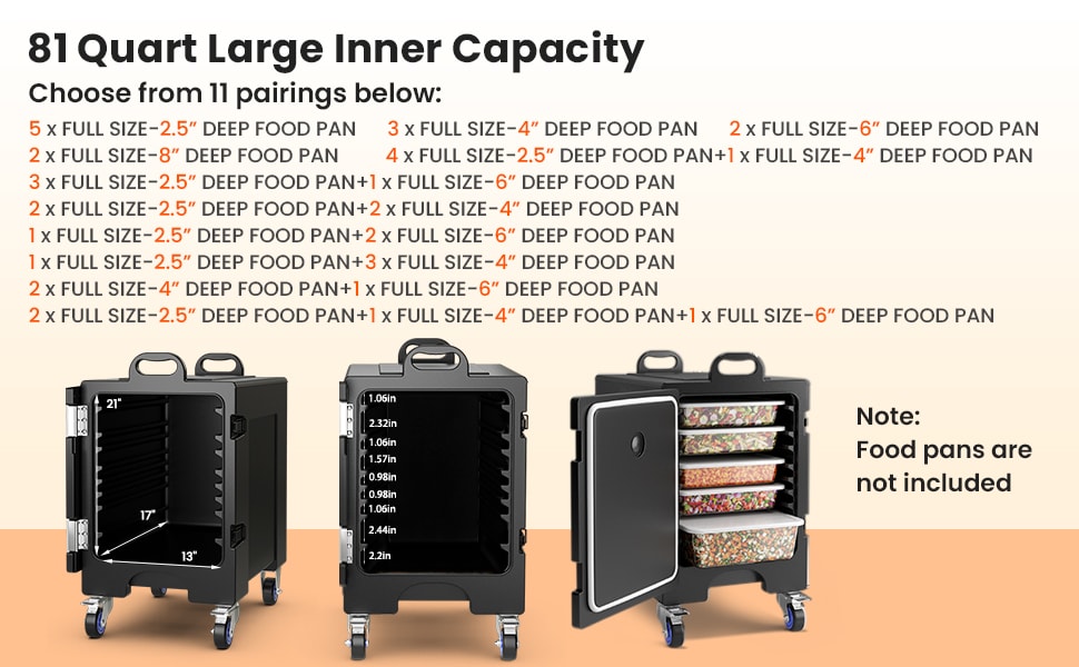81 Quart End-Loading Insulated Food Pan Carrier for 5 Full-Size Pans, Stackable Food Warmer Hot Box for Catering with Fastener & Wheels