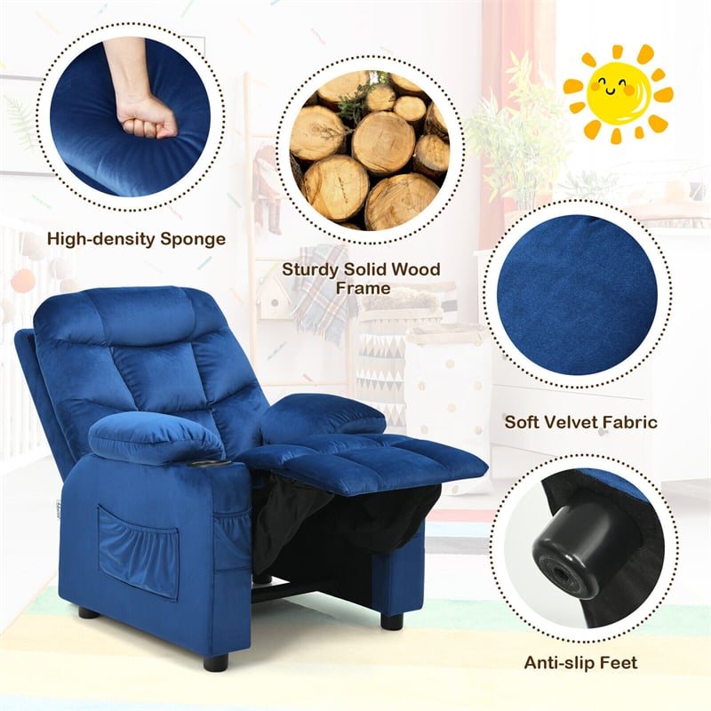 Kids Recliner Chair Adjustable Gaming Recliner Ergonomic Velvet Recliner with Cup Holder, Footrest & Side Pockets for Children Room