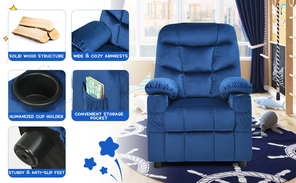 Kids Recliner Chair Adjustable Gaming Recliner Ergonomic Velvet Recliner with Cup Holder, Footrest & Side Pockets for Children Room