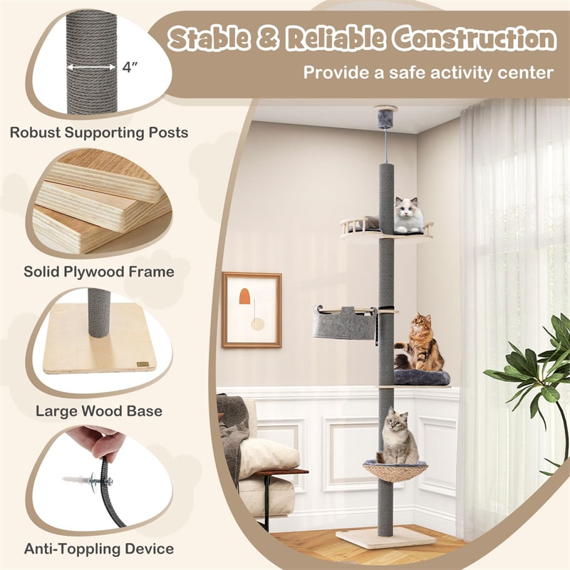 Floor to Ceiling Cat Tree Tower 5 Tier Wooden Cat Climbing Pole 93”-107” Adjustable Height with Scratching Post, Cozy Hammock & Basket Bed