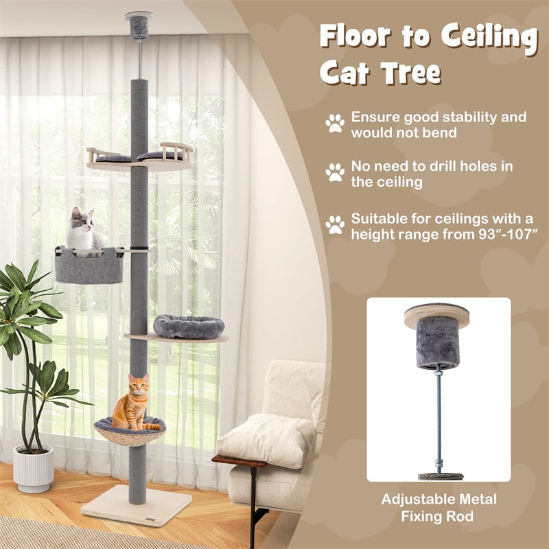 Floor to Ceiling Cat Tree Tower 5 Tier Wooden Cat Climbing Pole 93”-107” Adjustable Height with Scratching Post, Cozy Hammock & Basket Bed