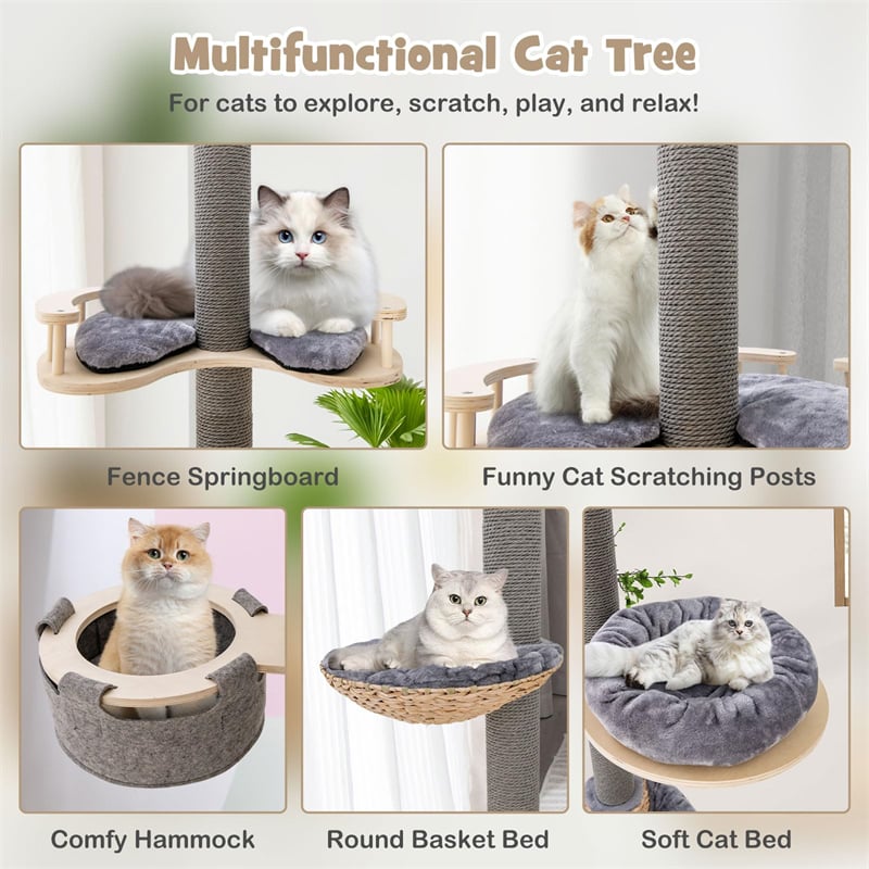 Floor to Ceiling Cat Tree Tower 5 Tier Wooden Cat Climbing Pole 93”-107” Adjustable Height with Scratching Post, Cozy Hammock & Basket Bed