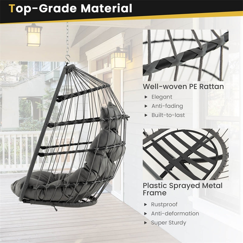 Foldable Wicker Hanging Egg Chair Indoor Outdoor Basket Swing Chair with Large Seat Cushion Soft Head Pillow & Hanging Kit Chain