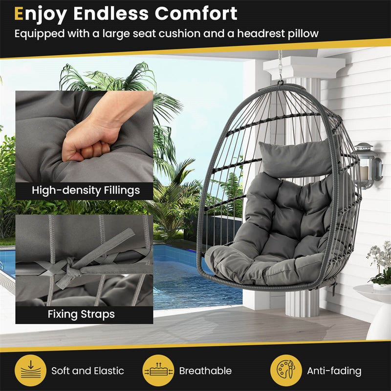 Foldable Wicker Hanging Egg Chair Indoor Outdoor Basket Swing Chair with Large Seat Cushion Soft Head Pillow & Hanging Kit Chain