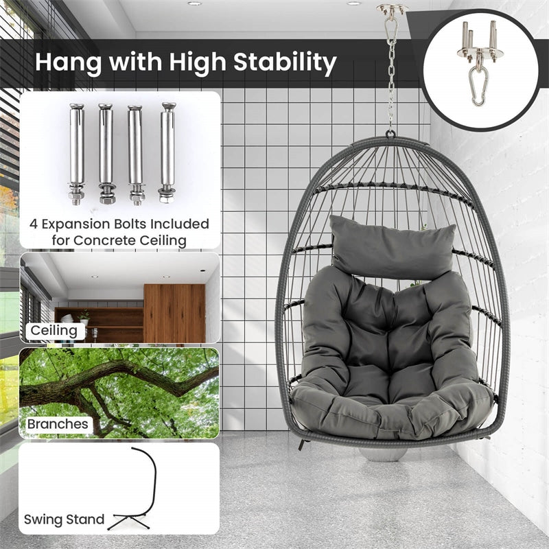 Foldable Wicker Hanging Egg Chair Indoor Outdoor Basket Swing Chair with Large Seat Cushion Soft Head Pillow & Hanging Kit Chain
