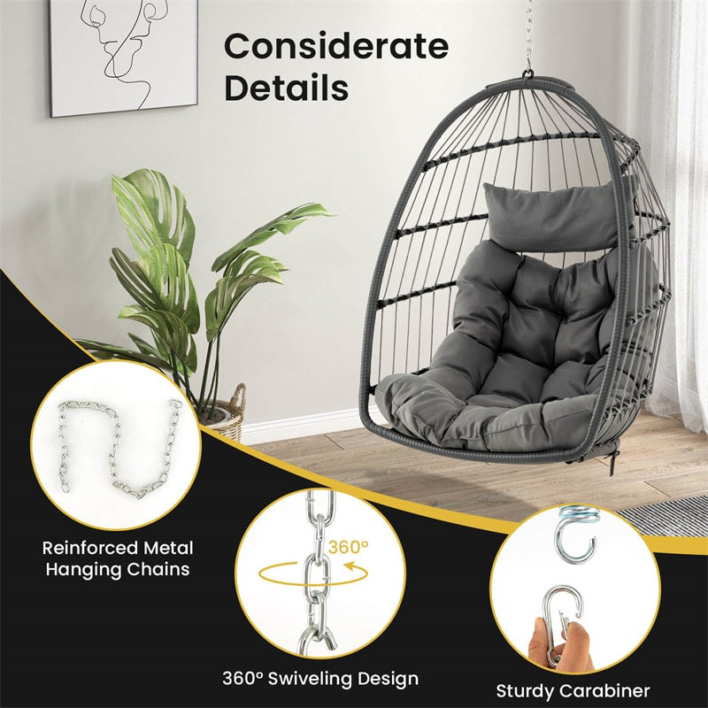 Foldable Wicker Hanging Egg Chair Indoor Outdoor Basket Swing Chair with Large Seat Cushion Soft Head Pillow & Hanging Kit Chain