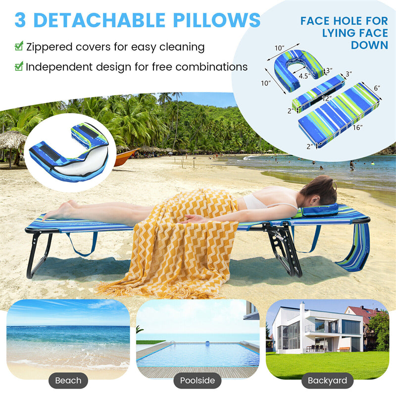 Folding Beach Chaise Lounge Chair 5-Position Adjustable Sunbathing Recliner with Face Hole & Dechatable Pillows