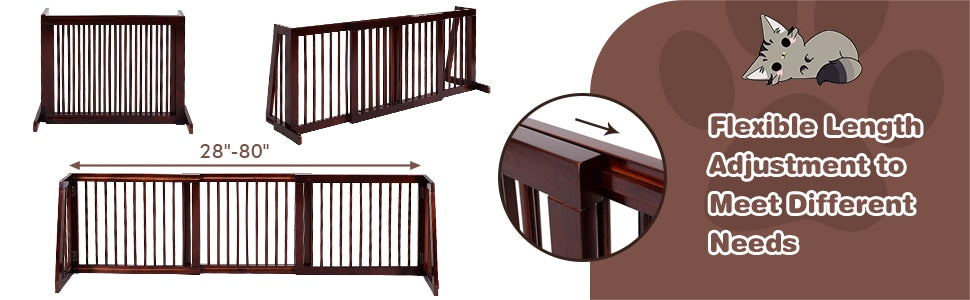 Freestanding Pet Gate Expandable Wood Dog Gate 28''- 80'' Adjustable Step Over Pet Fence for Indoor