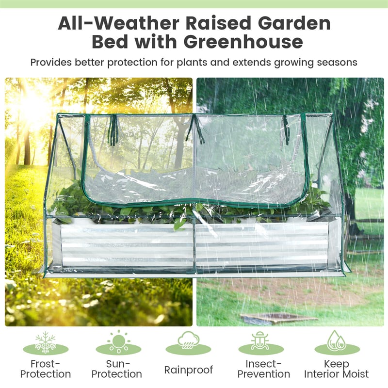 Galvanized Steel Raised Garden Bed Outdoor Metal Planter Box Kit Bottomless Flower Bed with Mini Greenhouse & Large Roll-up PVC Cover