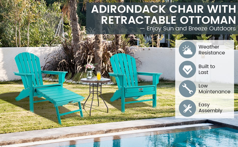 HDPE Adirondack Chair Weather Resistant Outdoor Patio Deck Chairs with Retractable Ottoman