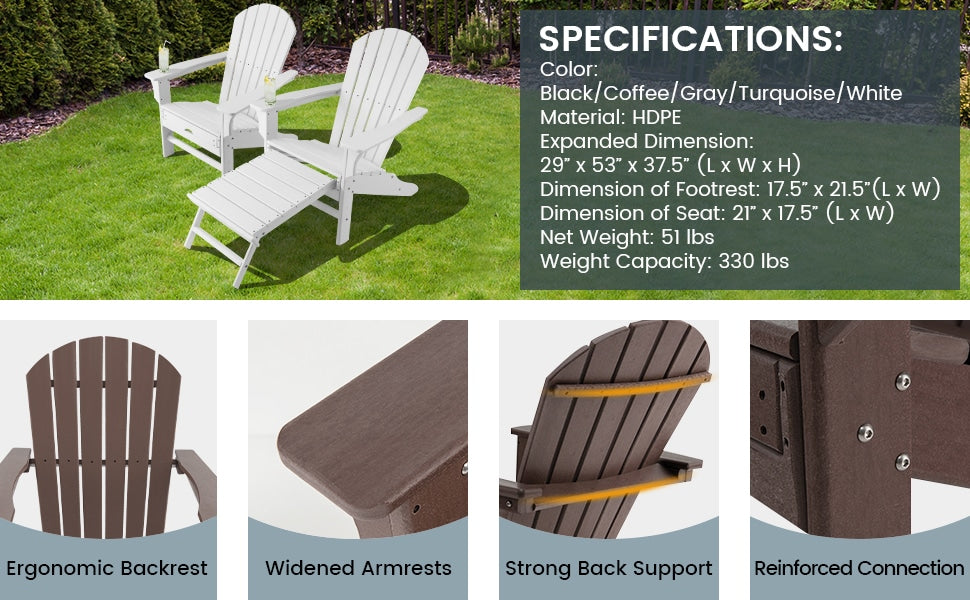 HDPE Adirondack Chair Weather Resistant Outdoor Patio Deck Chairs with Retractable Ottoman