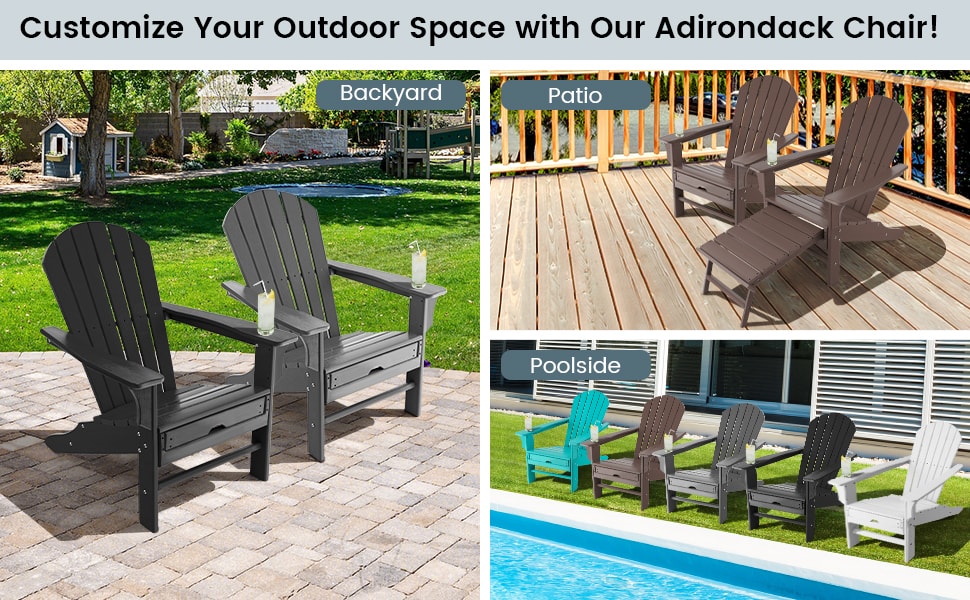 HDPE Adirondack Chair Weather Resistant Outdoor Patio Deck Chairs with Retractable Ottoman