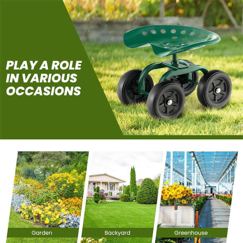 Heavy Duty Rolling Garden Cart Adjustable Height Utility Stool Cart with  360° Swivel Seat & Wheels