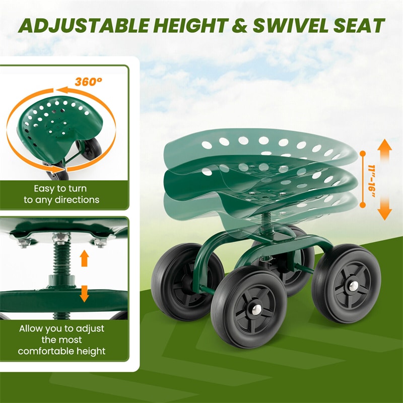 Heavy Duty Rolling Garden Cart Adjustable Height Utility Stool Cart with  360° Swivel Seat & Wheels