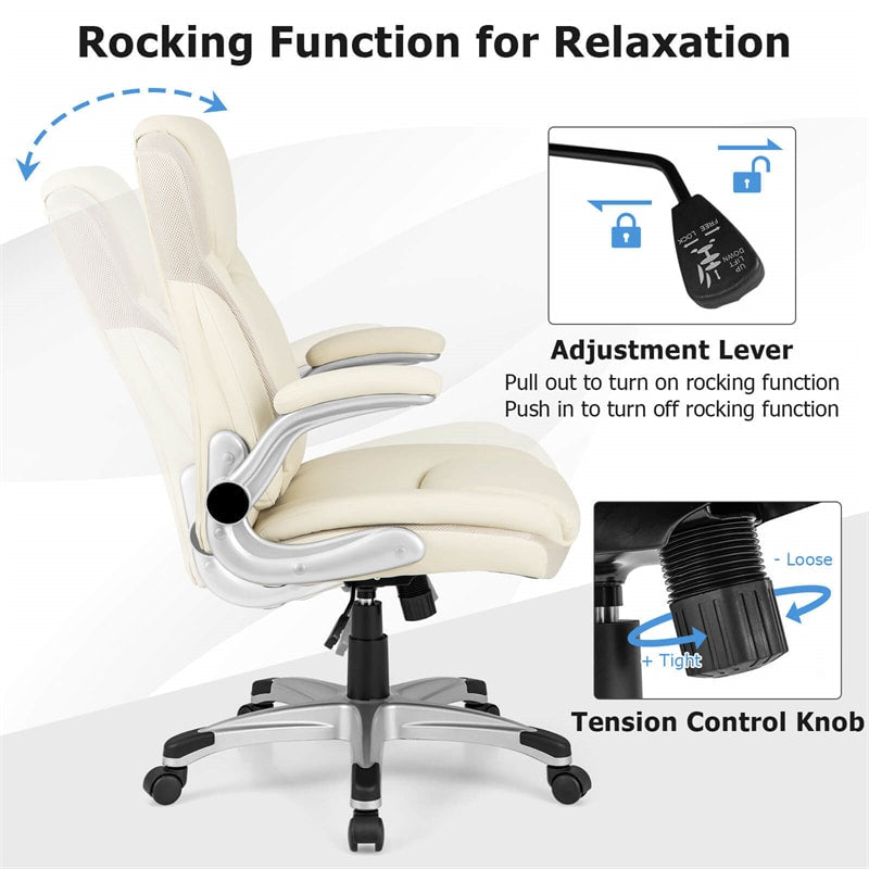 High Back Executive Office Chair Ergonomic PU Leather Computer Desk Chair Swivel Task Chair with Rocking Function & Flip-up Armrests
