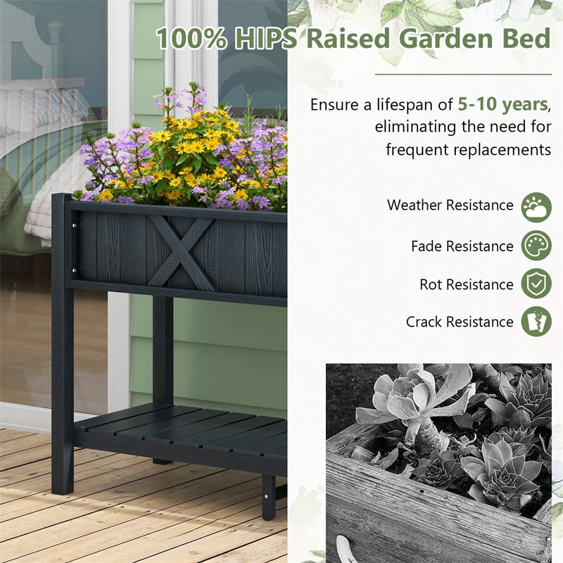 HIPS Raised Garden Bed Poly Wood Elevated Planter Box Weatherproof Standing Garden Bed with Legs, Storage Shelf & Drain Hole