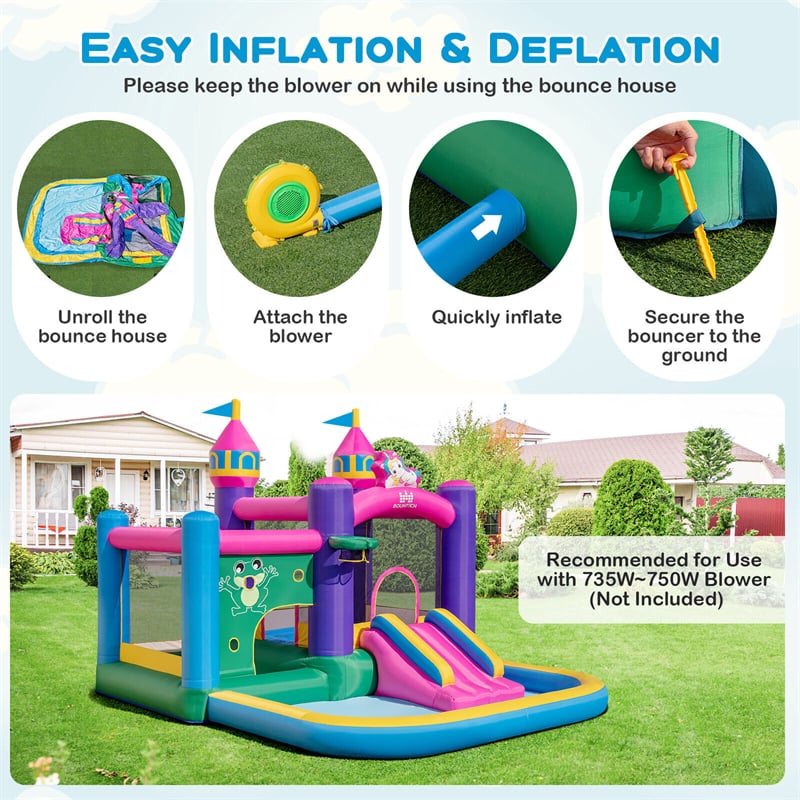 Inflatable Bounce House 6-in-1 Giant Jumping Castle Bouncy House with Large Ball Pit & Basketball Rim for Kids 5-12 Ages Indoor Outdoor Fun