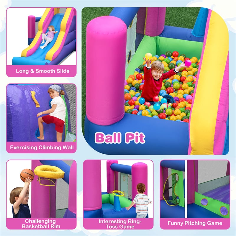 Inflatable Bounce House 7-in-1 Jumping Bouncy Castle with Long Slide, Ball Pit & 735W Blower for Kids Indoor Outdoor Backyard Party