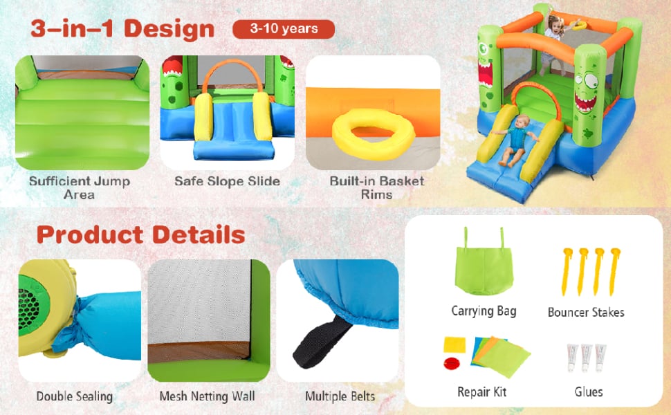 Inflatable Bounce House Big Mouth Themed Giant Jumping Castle Bouncy House with Slide, Basketball Rim & Carry Bag