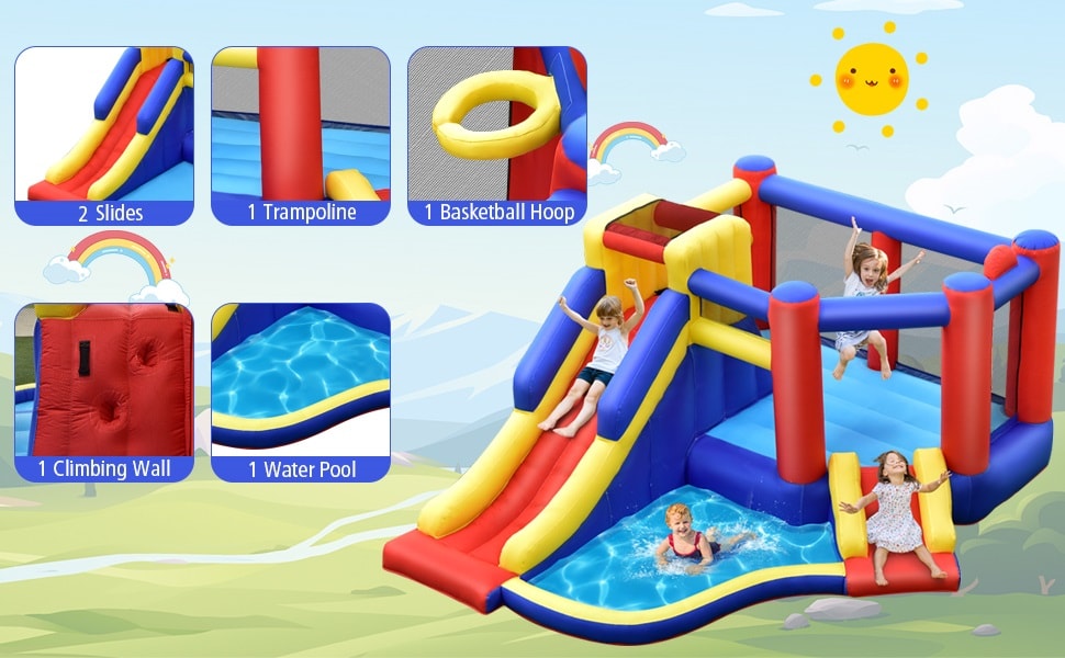 Inflatable Bounce House Kids Jumping Castle Bouncy House with Double Slides & Climbing Wall for Toddlers Backyard Birthday Gifts