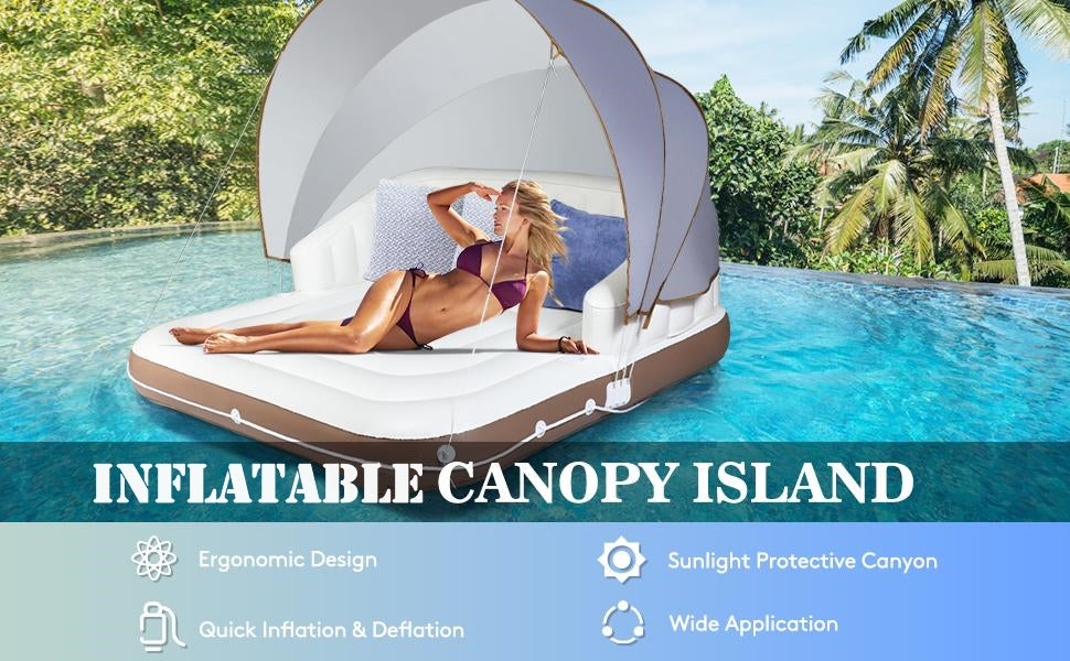 Inflatable Canopy Island Lounge Pool Float with UPF 50+ Detachable & Retractable Sunshade Canopy