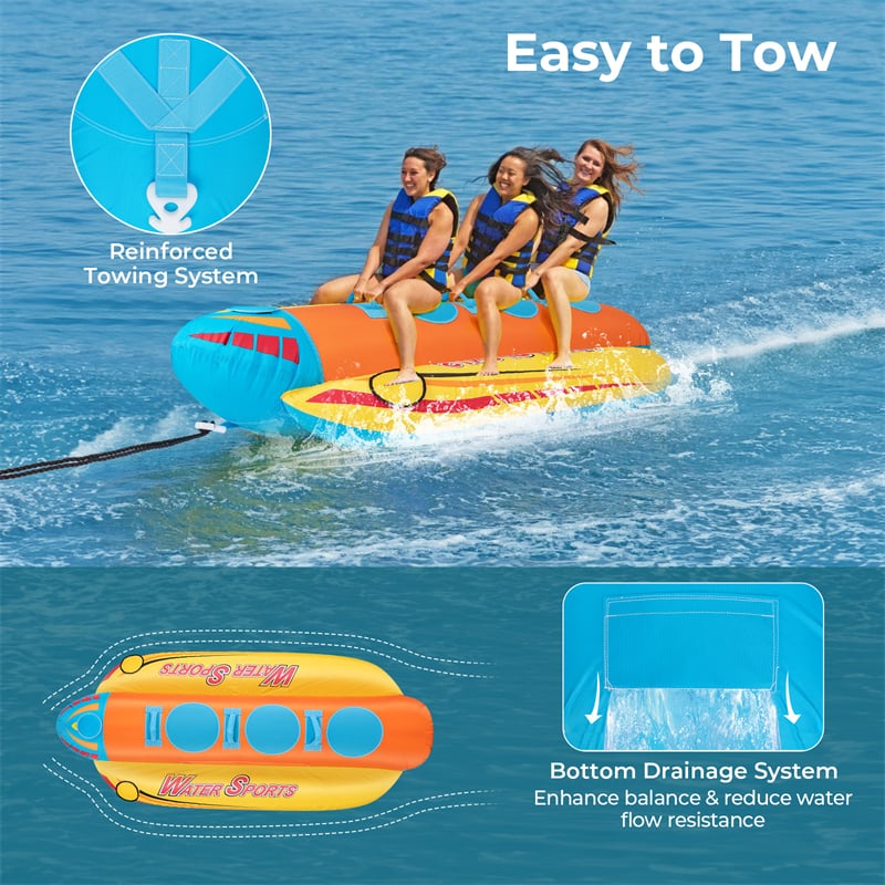 Inflatable 3-Person Towable Tube for Boating, Hot Dog Towable Tube Water Sports Banana Boat Ride with 3 EVA-Padded Seats for Towing Rider