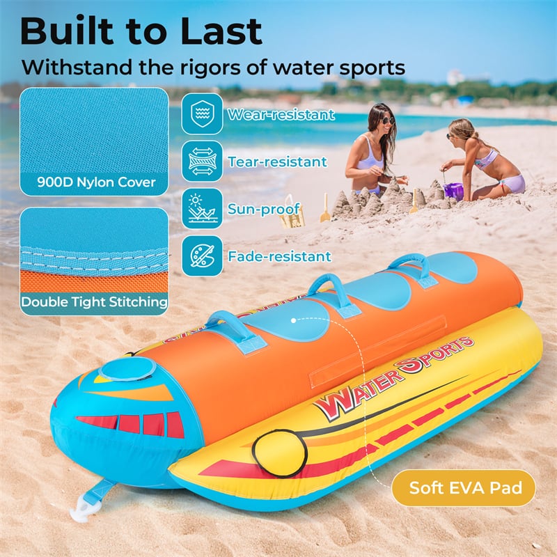 Inflatable 3-Person Towable Tube for Boating, Hot Dog Towable Tube Water Sports Banana Boat Ride with 3 EVA-Padded Seats for Towing Rider