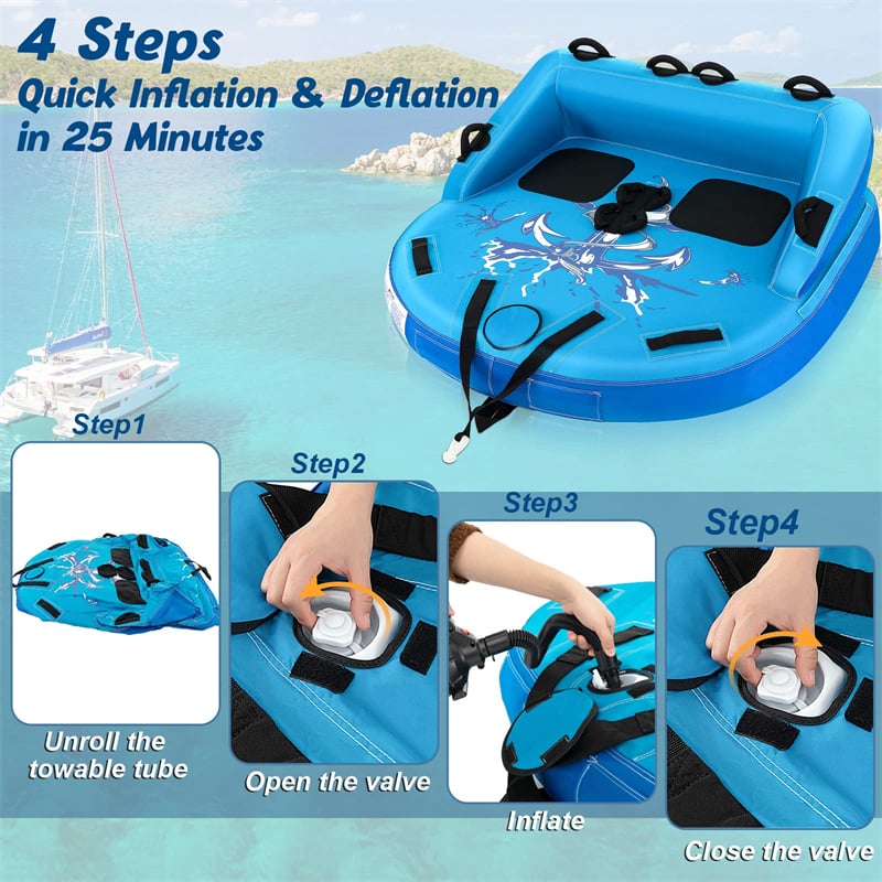 Inflatable Towable Tube for Boating, 1-2 Person Water Sports Towable Sofa Style Pull Boat Tube with Drainage & Dual Tow Points