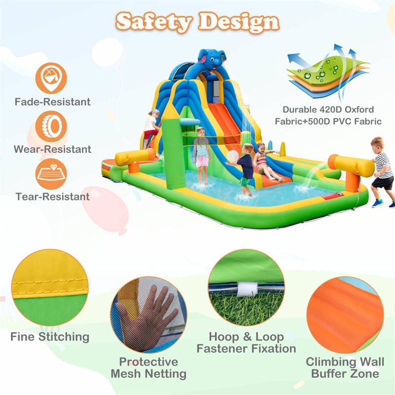 Inflatable Water Slide Elephant Theme 9 in 1 Mega Waterslide Park with Splash Pool, Tic Tac Toe, Climbing Wall for Kids Backyard Family Fun