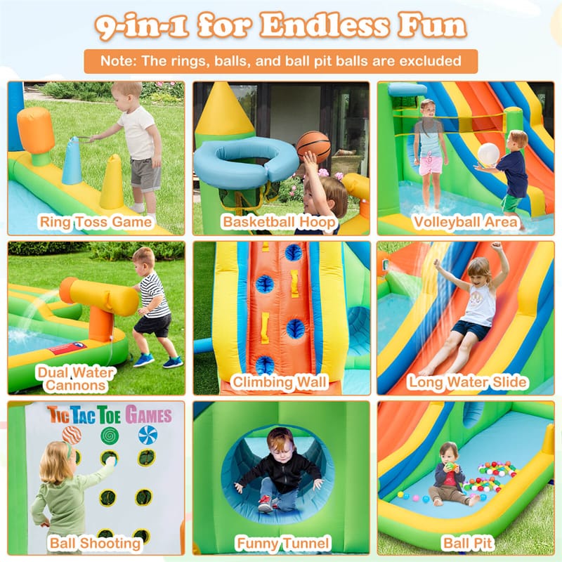 Inflatable Water Slide Elephant Theme 9 in 1 Mega Waterslide Park with Splash Pool, Tic Tac Toe, Climbing Wall for Kids Backyard Family Fun