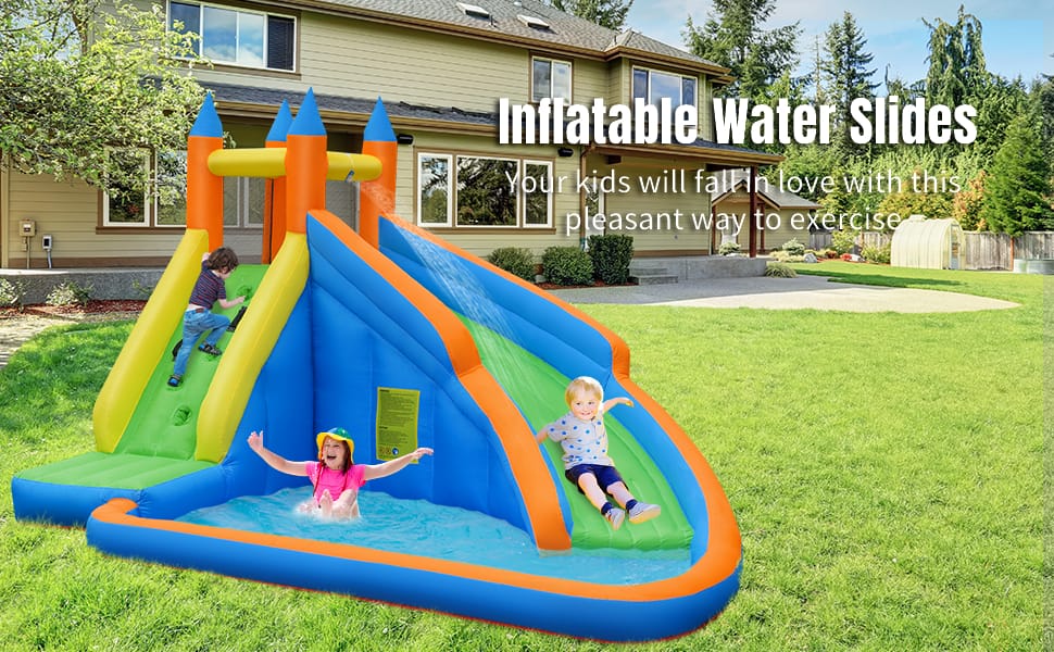Inflatable Water Slide Mighty Bounce House Splash Pool Giant Bouncy Waterslide Park with Climbing Wall & 480W Blower for Kids Backyard