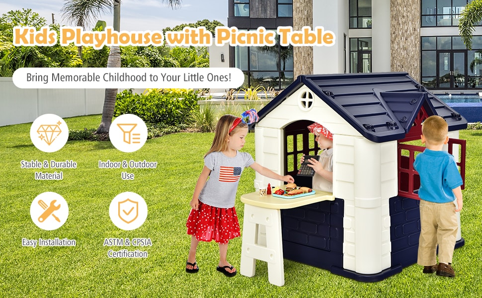 Kids Cottage Playhouse Outdoor Indoor Pretend Play House with Picnic Table, 7pcs Toy Set & Waterproof Cover