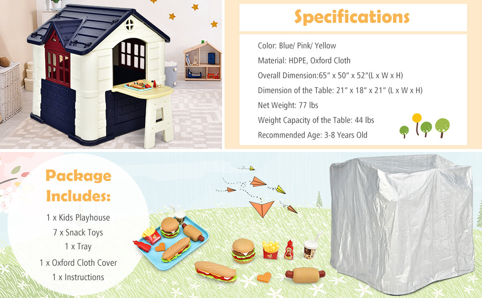 Kids Cottage Playhouse Outdoor Indoor Pretend Play House with Picnic Table, 7pcs Toy Set & Waterproof Cover