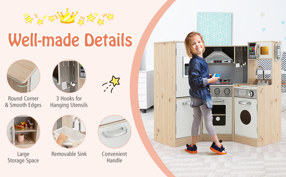 Kids Walk-in Kitchen Playset 9-in-1 Wooden Little Chef Pretend Play Kitchen Toy Set for Toddlers with Lights Sounds & Water Dispenser