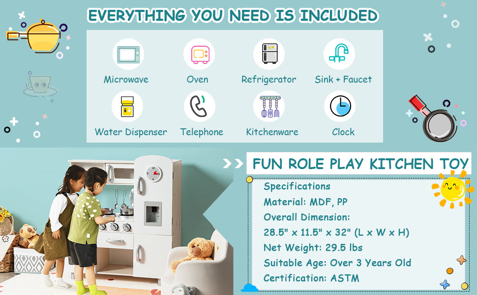 Kids Kitchen Playset Toddler Wooden Pretend Play Kitchen Toy Set with Cookware Utensil Water Dispenser & Storage Cabinet
