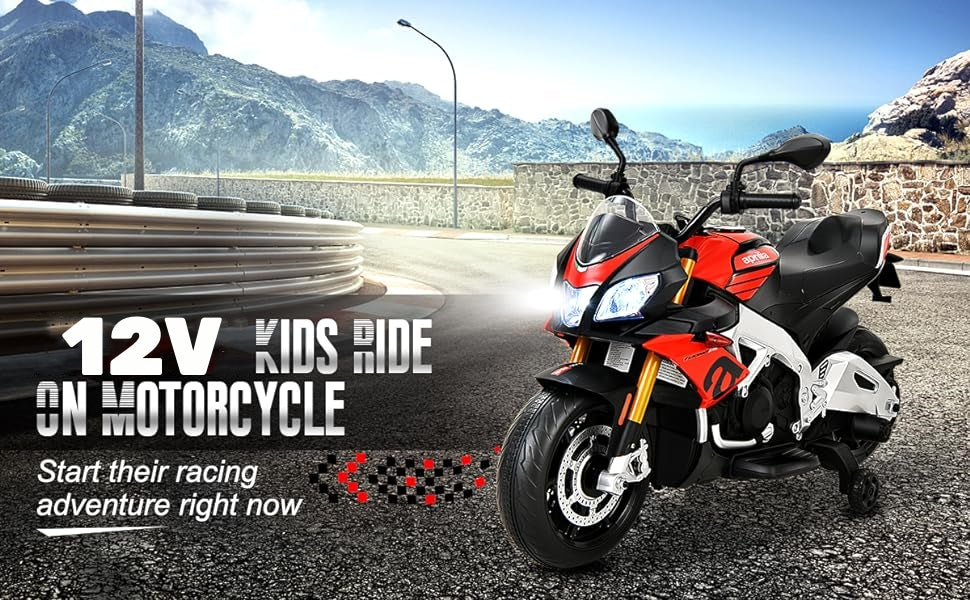Kids Motorcycle 12V Aprilia Licensed Battery Powered Toddler Motorbike Electric Dirt Bike with Training Wheels & Lights