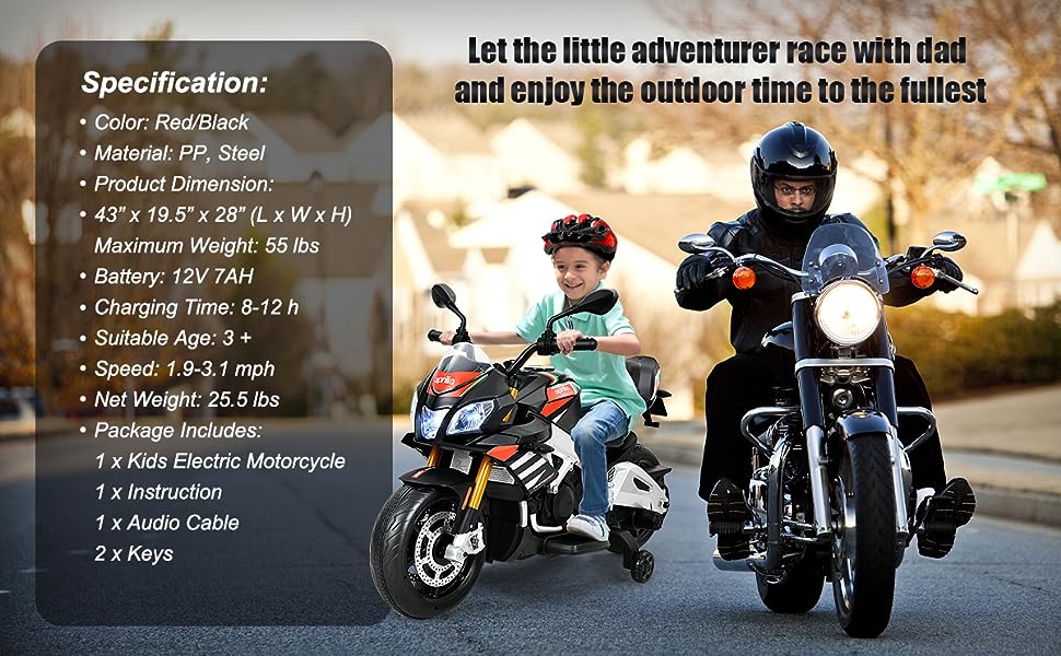 Kids Motorcycle 12V Licensed Aprilia Battery Powered Toddler Motorbike Electric Dirt Bike with Training Wheels & Lights