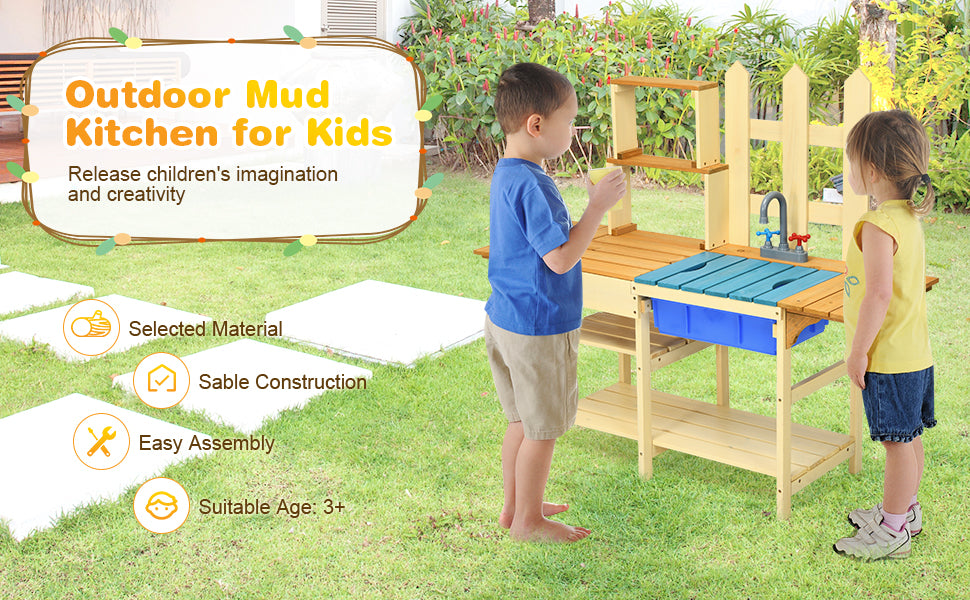 Kids Mud Kitchen Playset Wooden Pretend Play Kitchen Toddler Toy Kitchen with Removable Sink & Simulated Faucet