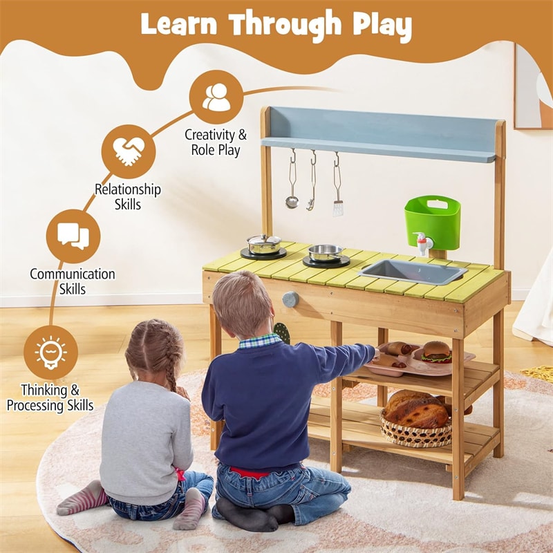 Kids Mud Kitchen Set Wooden Pretend Play Kitchen Toy Kitchen Set with Removable Sink, Real Water Box & Faucet