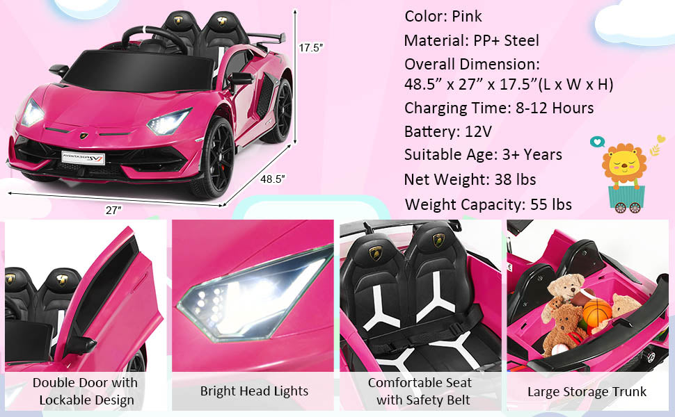 Kids Ride on Car 12V Licensed Lamborghini Battery Powered 4WD Sports Car Electric Vehicle with Remote Control & LED Lights