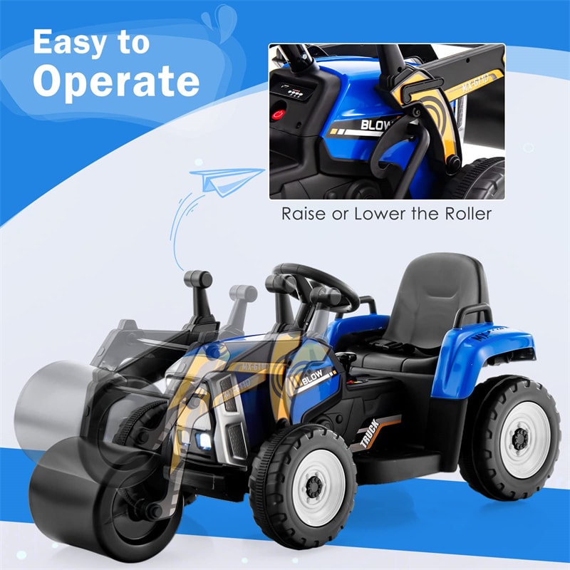 Kids Ride On Road Roller 12V Battery Powered Electric Tractor with Remote Control Adjustable Drum Roller