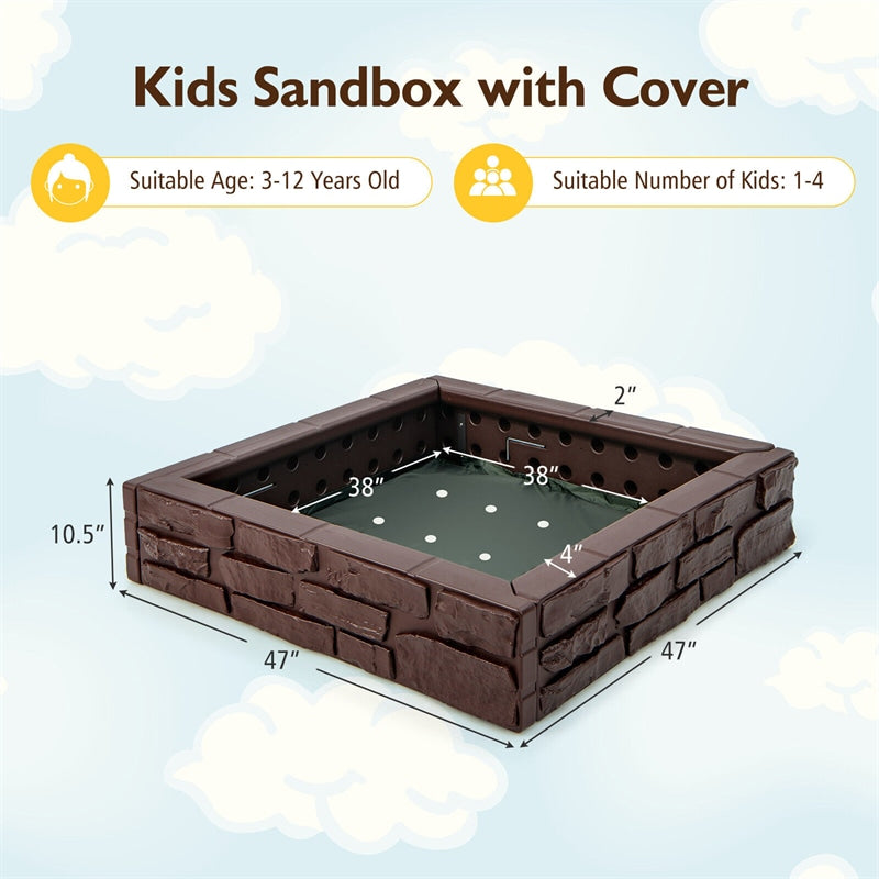 Kids Sandbox HDPE Sandpit with Cover & Bottom Liner Outdoor Sand Play Station for Backyard Lawn Beach