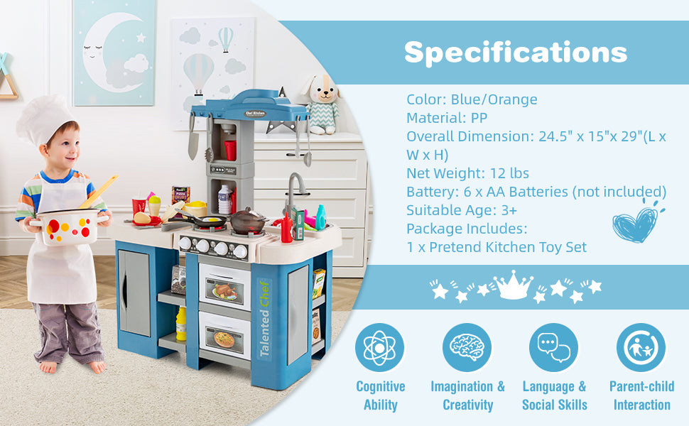 Kids Toy Kitchen Set Toddler Plastic Pretend Play Kitchen Set with 67pcs Kitchen Toys & Realistic Lights Sounds