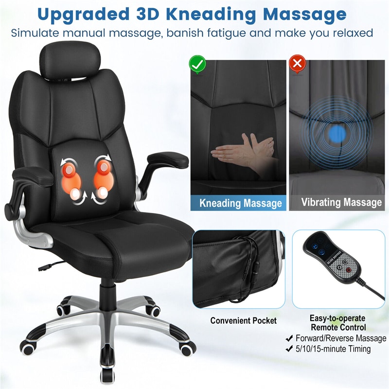 Kneading Massage Executive Office Chair Faux Leather Swivel Computer Desk Chair with Adjustable Headrest Lumbar Support Flip-up Armrests & Remote Control