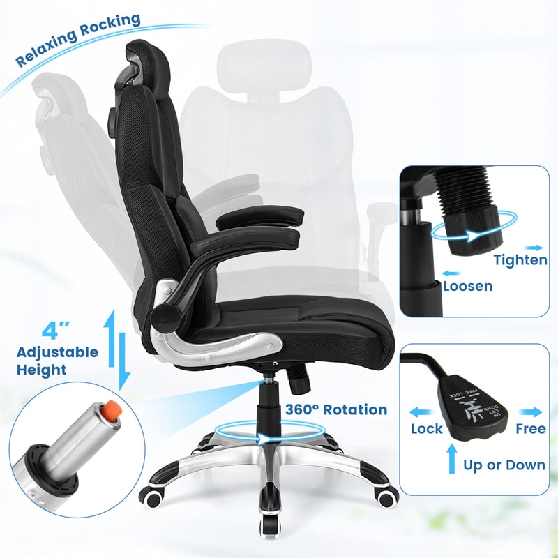 Kneading Massage Executive Office Chair Faux Leather Swivel Computer Desk Chair with Adjustable Headrest Lumbar Support Flip-up Armrests & Remote Control