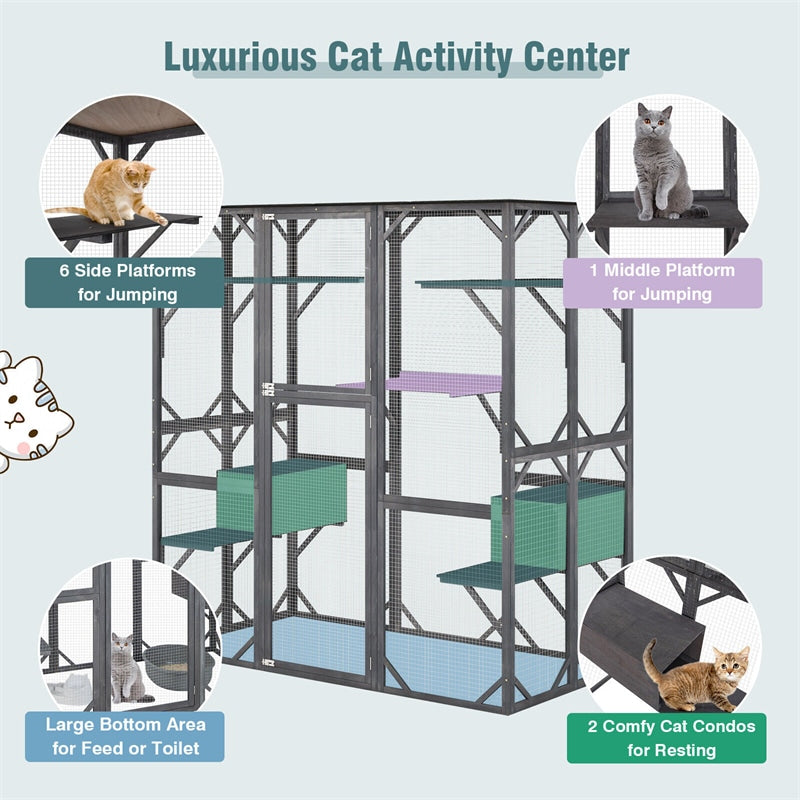 Large Catio Outdoor Cat Enclosure 71" All Weather Cat House Cat Cage Playpen with Asphalt Roof