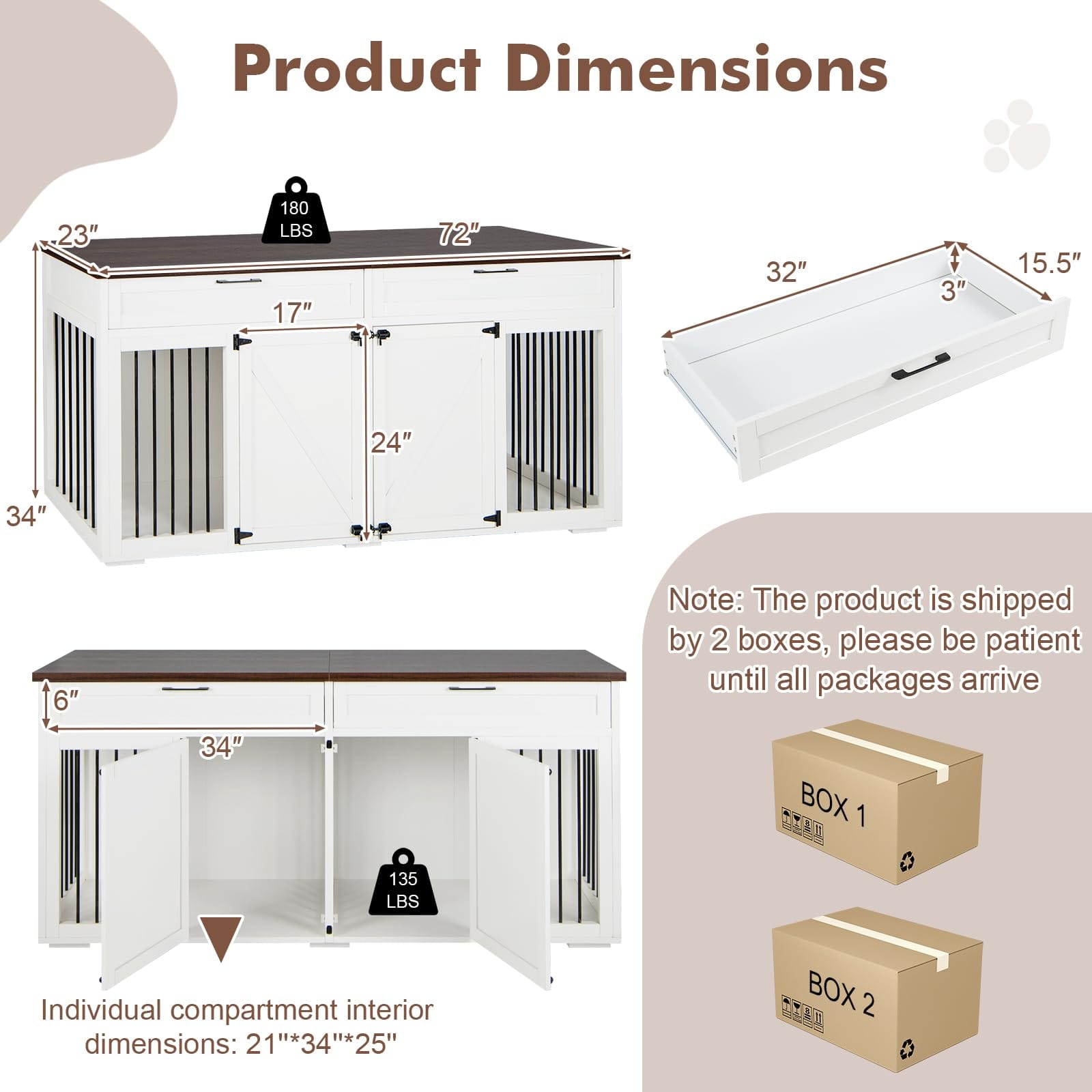 Large Double Dog Crate Furniture 72" Indoor Dog Kennel with Removable Room Divider, 2 Drawers & Doors for Medium Large Dogs