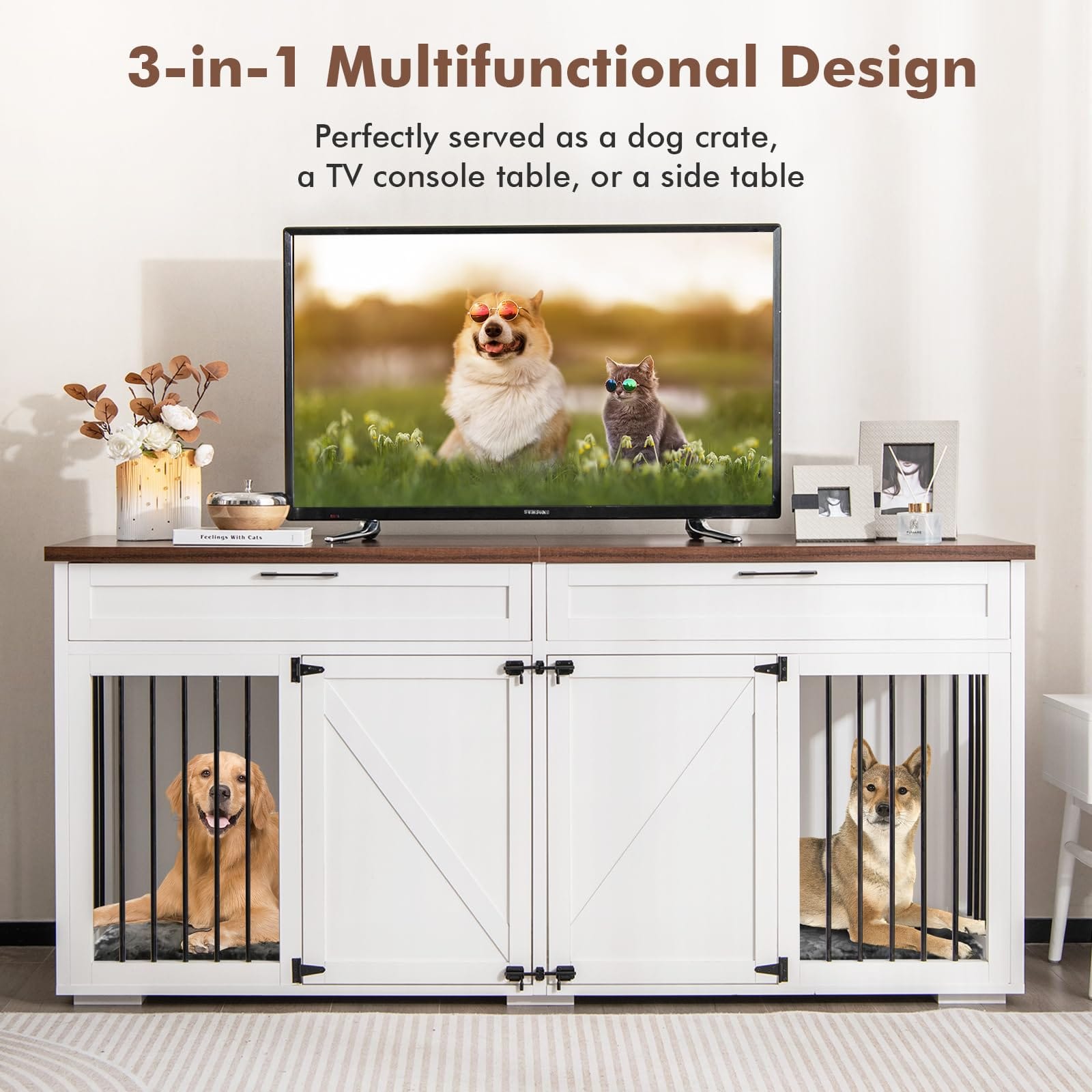 Large Double Dog Crate Furniture 72" Indoor Dog Kennel with Removable Room Divider, 2 Drawers & Doors for Medium Large Dogs