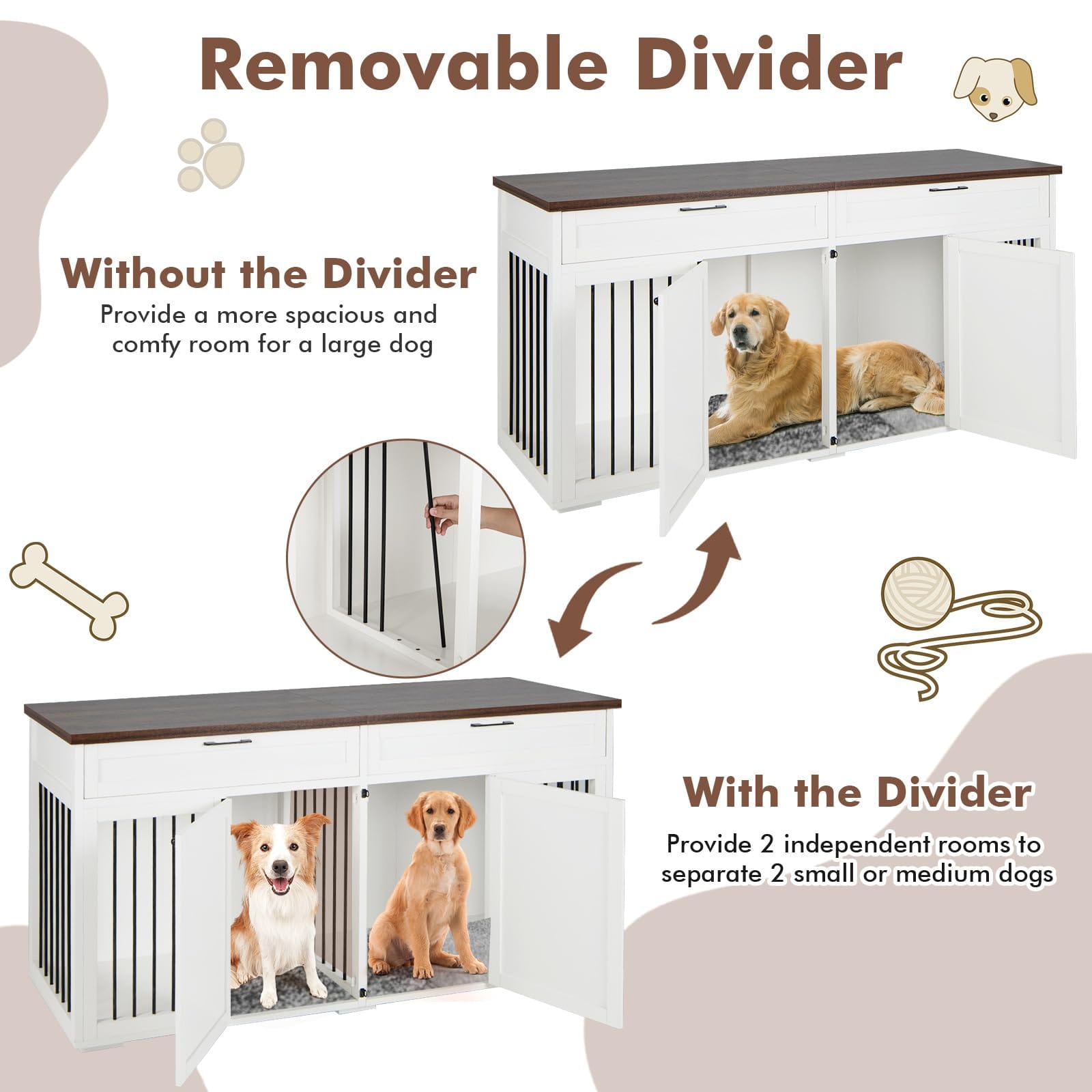 Large Double Dog Crate Furniture 72" Indoor Dog Kennel with Removable Room Divider, 2 Drawers & Doors for Medium Large Dogs